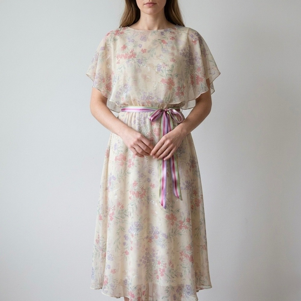 Jeri Modes‎ Dress Womens S Floral Chiffon Sheer Pastel Vtg 70s Maxi Ribbon Fairy